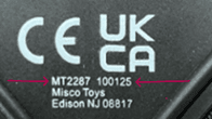 Close up of model number "MT2287" and "100125" on racket handle