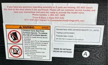 "Tracking/Lot #: HCV202601" and "Production Date: 01/2026" are printed on a label under the dressers' top panel of the dresser