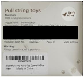 Recalled Little Rawr Silicone Pull String Teething Toys- Back of packaging