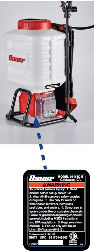 Recalled Bauer 20V Battery-Powered 4-Gallon Backpack Sprayers (image 2 of 2)