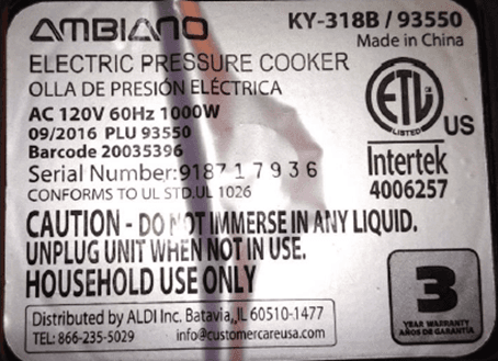 Recalled Ambiano Electric Pressure Cookers (image 2 of 6)