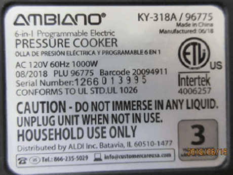 Recalled Ambiano Electric Pressure Cookers (image 4 of 6)