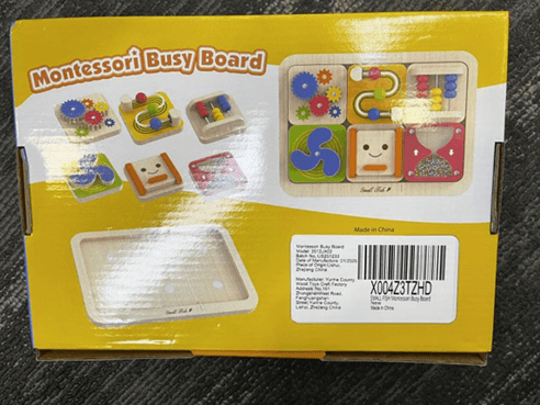 Recalled Montessori Busy Board Toy (Package – back with label)