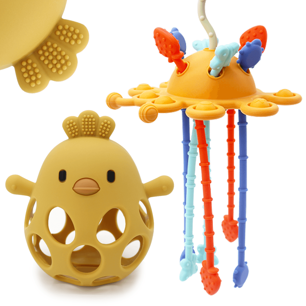 Recalled CuddleCubs Creations Baby Highchair Teething Toy Set, Color "YellowOrange" (Pull String Teething Toy on top right)