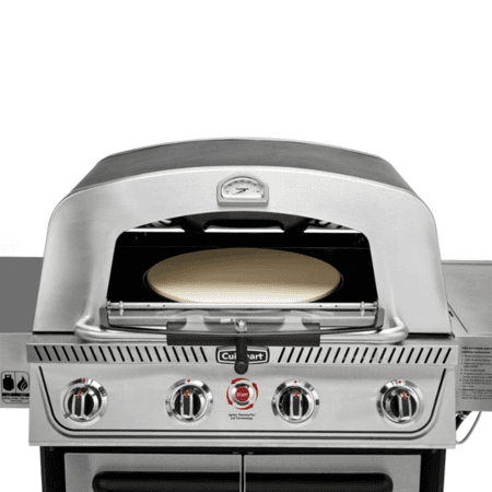 A close up of the pizza oven featured in the recalled grill, with the glass window open
