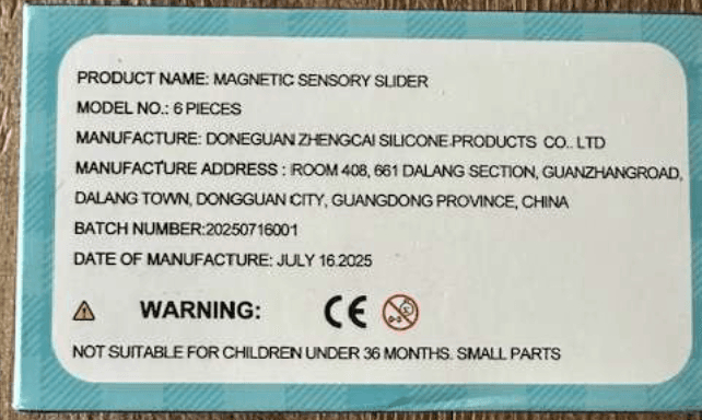 Recalled PIXLABBY Silicone Sensory Magnetic Fidget Sliders, Back of Box