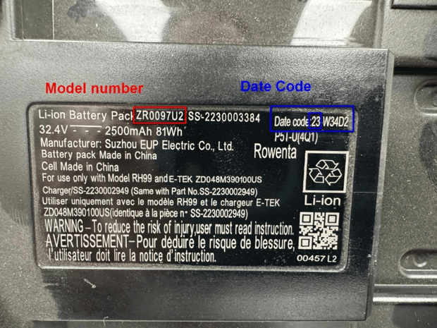 Location of model number, ZR0097U2, and date code starting with either 23 or 24 (affected batteries were manufactured before December 2024) on the back of the recalled battery