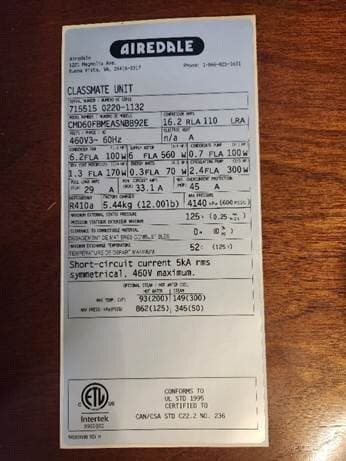 Serial Number Location on Recalled Heat Pump Unit