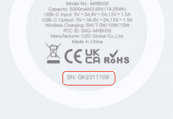 Recalled iWALK Power Bank Model MXB008 (serial number on the back)