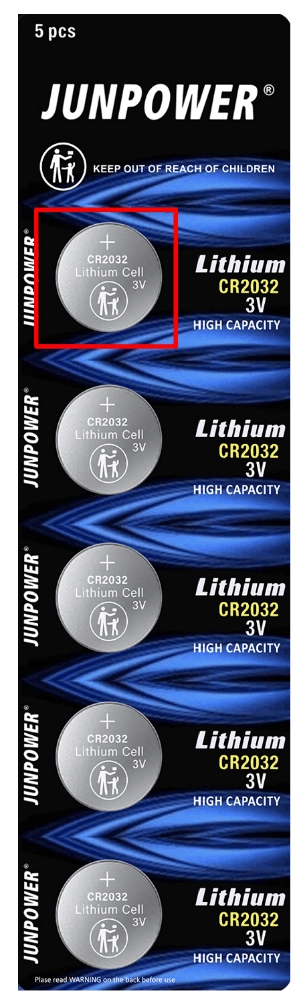 Recalled Junpower CR2032 batteries (Packaging model 2023-V3) does not have any words printed around each individual blister