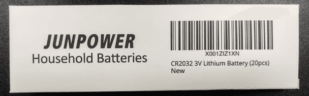 Recalled Junpower CR2032 Lithium Coin Batteries and Packaging with "X001ZIZ1XN" printed on the back of package