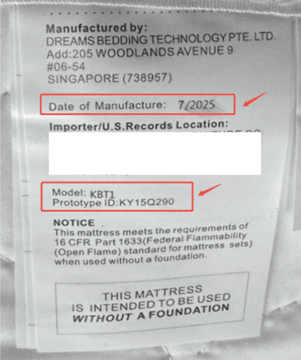 Recalled Koorlian Mattress Label with identifying information