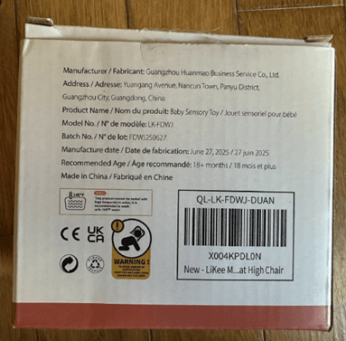 "Model No. LK-FDWJ" is printed on the back of the recalled LiKee teething toy packaging
