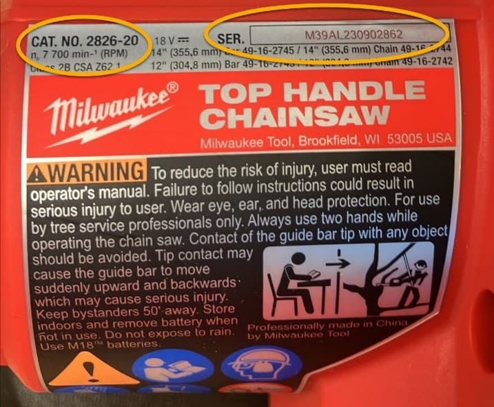 Recalled Milwaukee Tool M18 FUELTM Top Handle Chainsaw with either a 12" or 14" bar (image 2 of 2)