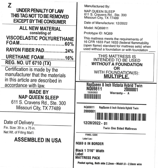 Recalled Nap Queen Sleep Victoria Hybrid Mattresses (image 2 of 2)