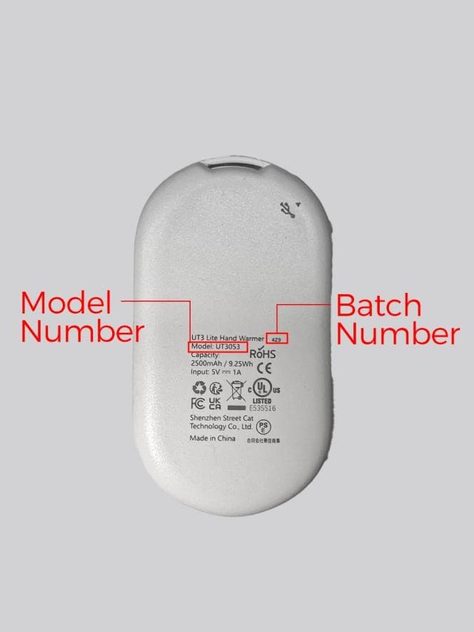The model and three-digit batch number are printed on the OCOOPA Rechargeable Hand Warmers' underside