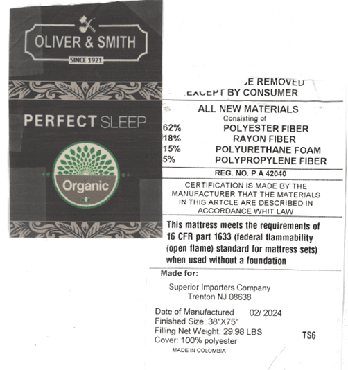 Recalled Oliver & Smith 6-inch Mattresses (image 2 of 2)