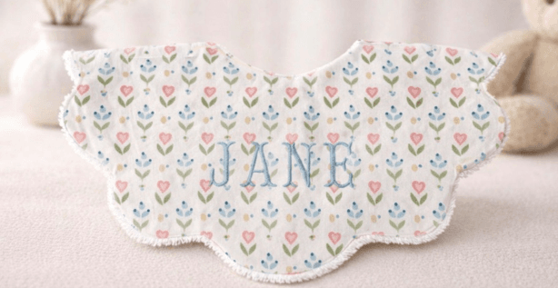 Recalled bib with heart tulip print