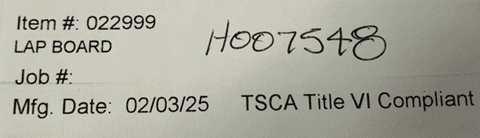 Example Label on Bottom of Furniture with Item Number