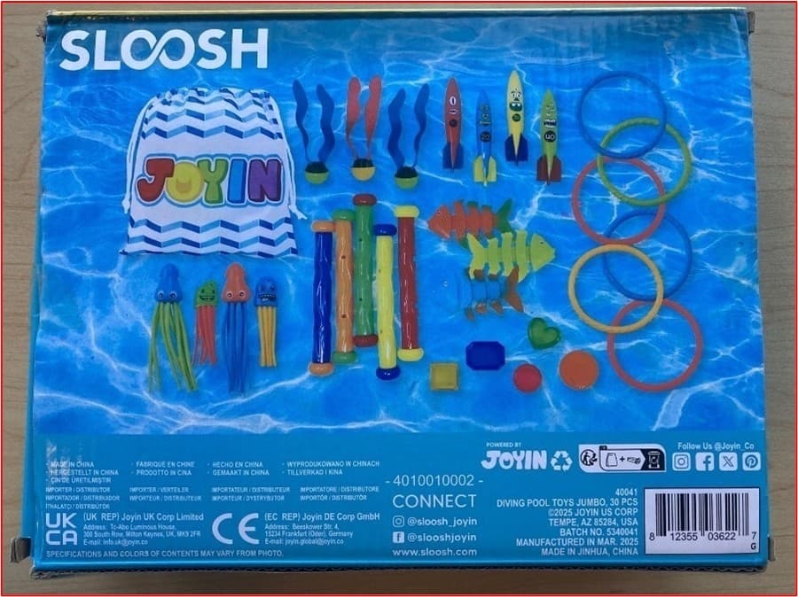 Recalled Sloosh Dive Sticks, Back of Box