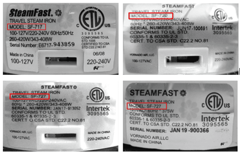 Recalled Steamfast Home & Away Travel Steam Irons (image 3 of 3)