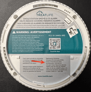 The location of the manufacture date on the back of the Smoke and Carbon Monoxide (CO) Detector