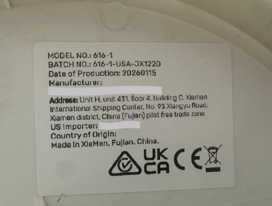 "Model No: 616-1" printed on a white label located under the tray