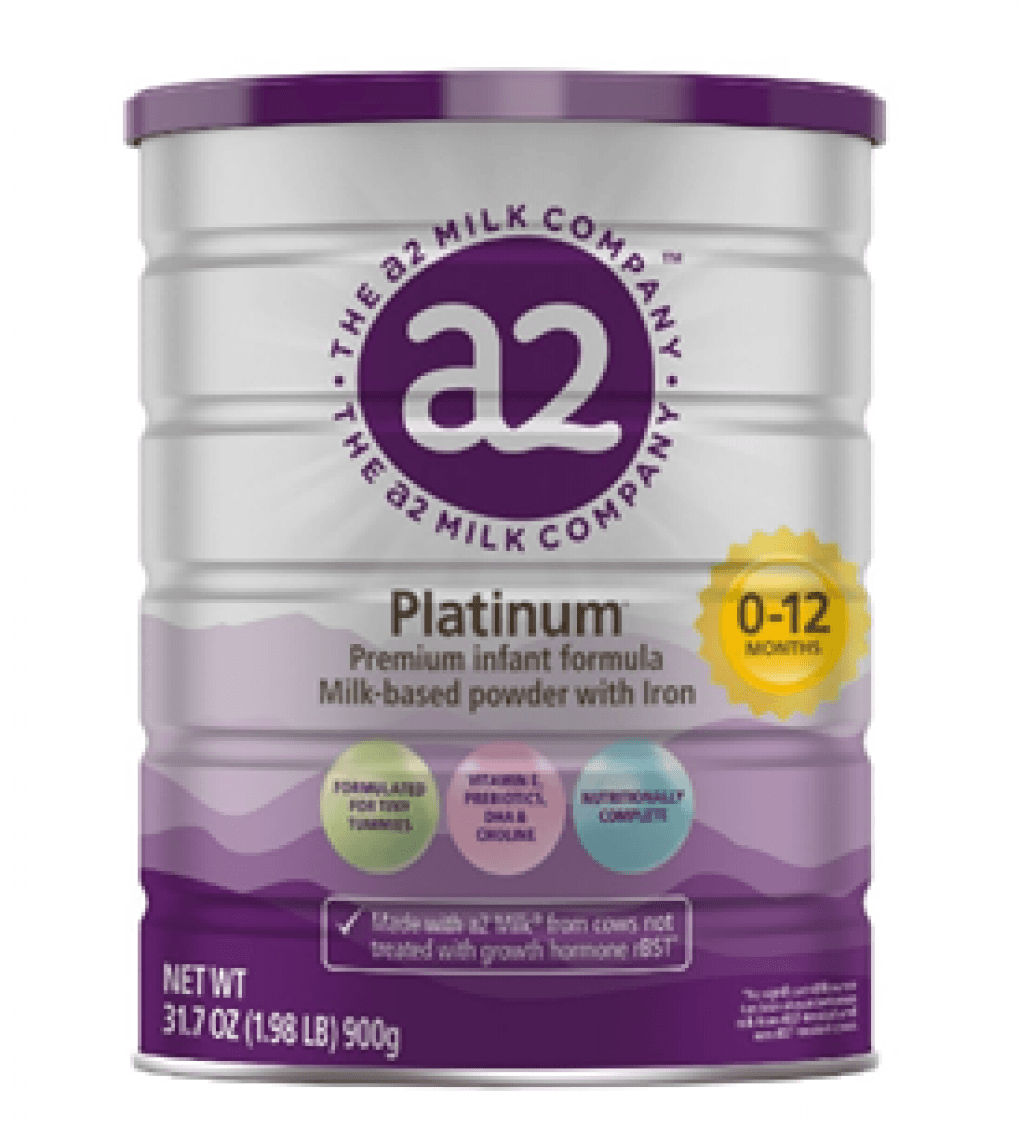 Front of an a2 Platinum USA-label infant formula can, the recalled product, on a plain background