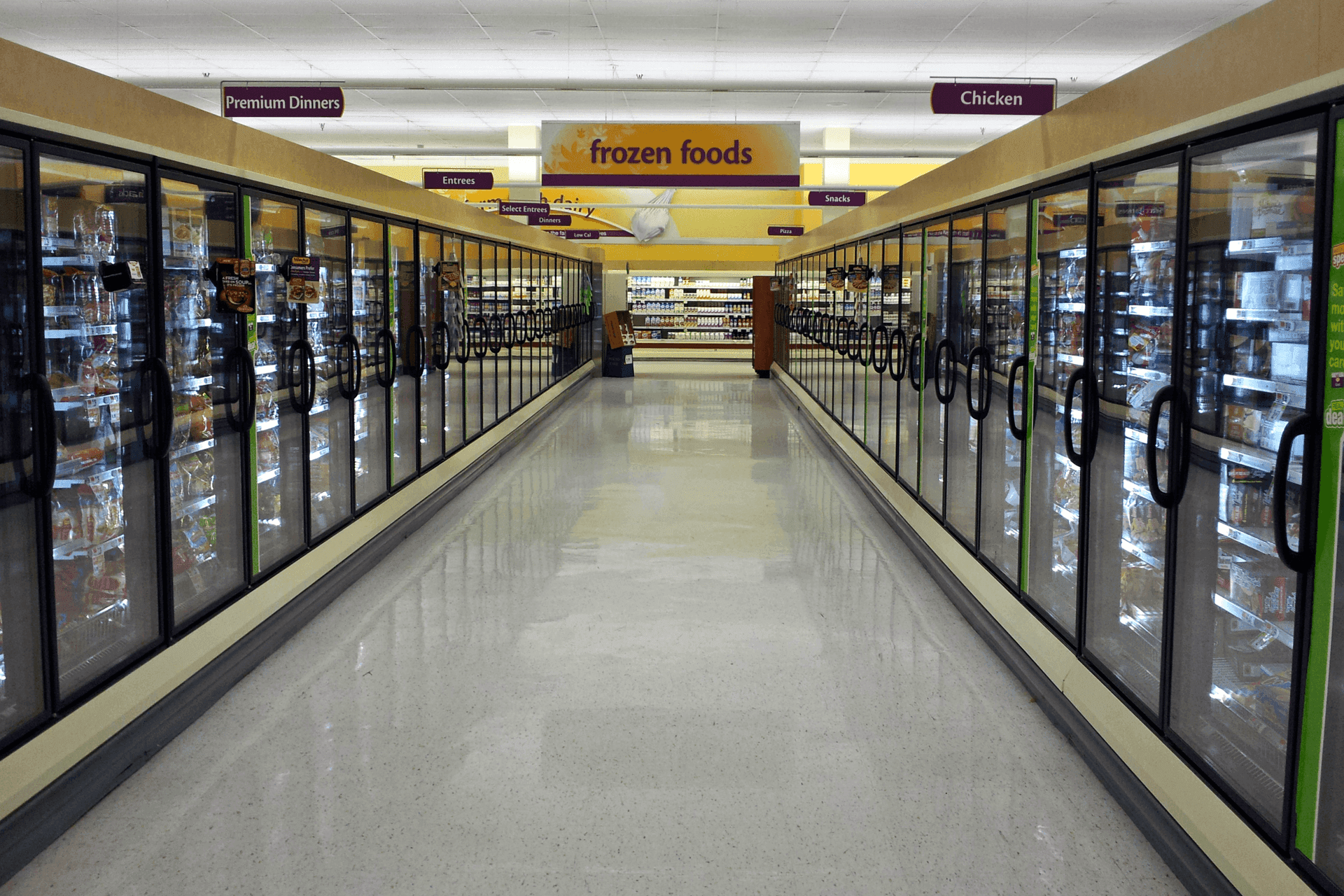 Frozen-foods aisle at a Giant Food supermarket in Wheaton, Maryland, representing the range of downstream products affected by the FDA recall cascade