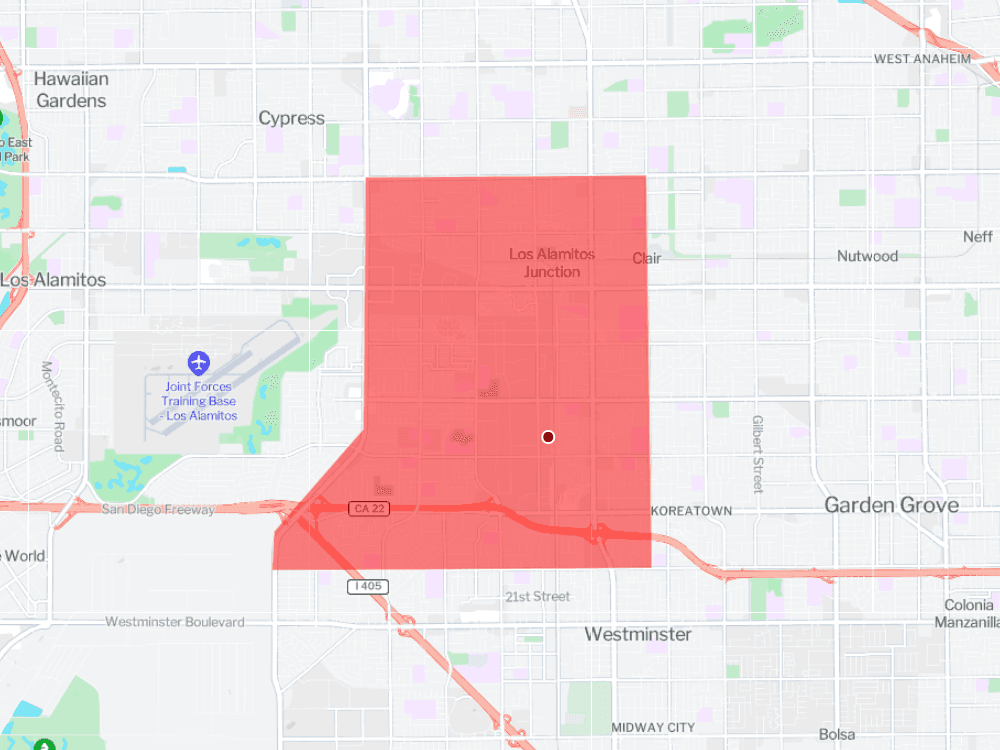 Map of the Garden Grove, California evacuation zone showing the area around the GKN Aerospace MMA chemical-tank emergency