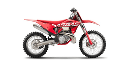 A red GASGAS off-road motorcycle photographed from the left side against a white background, with white GASGAS lettering on the radiator shroud, knobby off-road tires, long-travel front forks, and an upswept exhaust pipe.