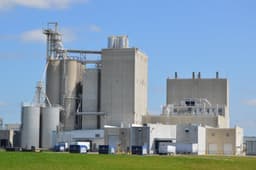 A pet food manufacturing plant seen from a grass field: concrete process towers and storage silos linked by elevated conveyors, a taller windowless production block with roof stacks, and truck bays with a parked trailer along the ground floor.
