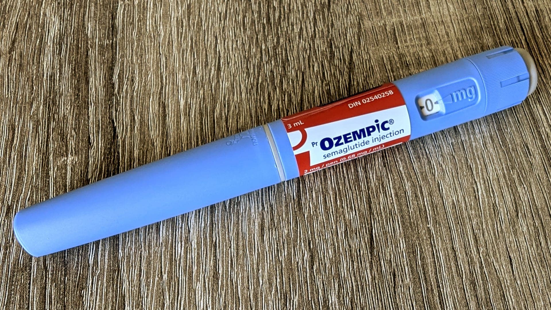 Ozempic semaglutide injection pen with English-language North American market labeling, product close-up on a neutral background