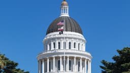 The white dome and columned front of the California State Capitol in Sacramento, flying the U.S. and California flags against a clear blue sky, framed by trees.