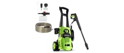A green and black Workbless upright electric pressure washer on two wheels with a carrying handle and the WORKBLESS name on the body, photographed against a white background beside the spray wand, coiled high-pressure hose, foam cannon bottle, and fitting hardware packed with it.