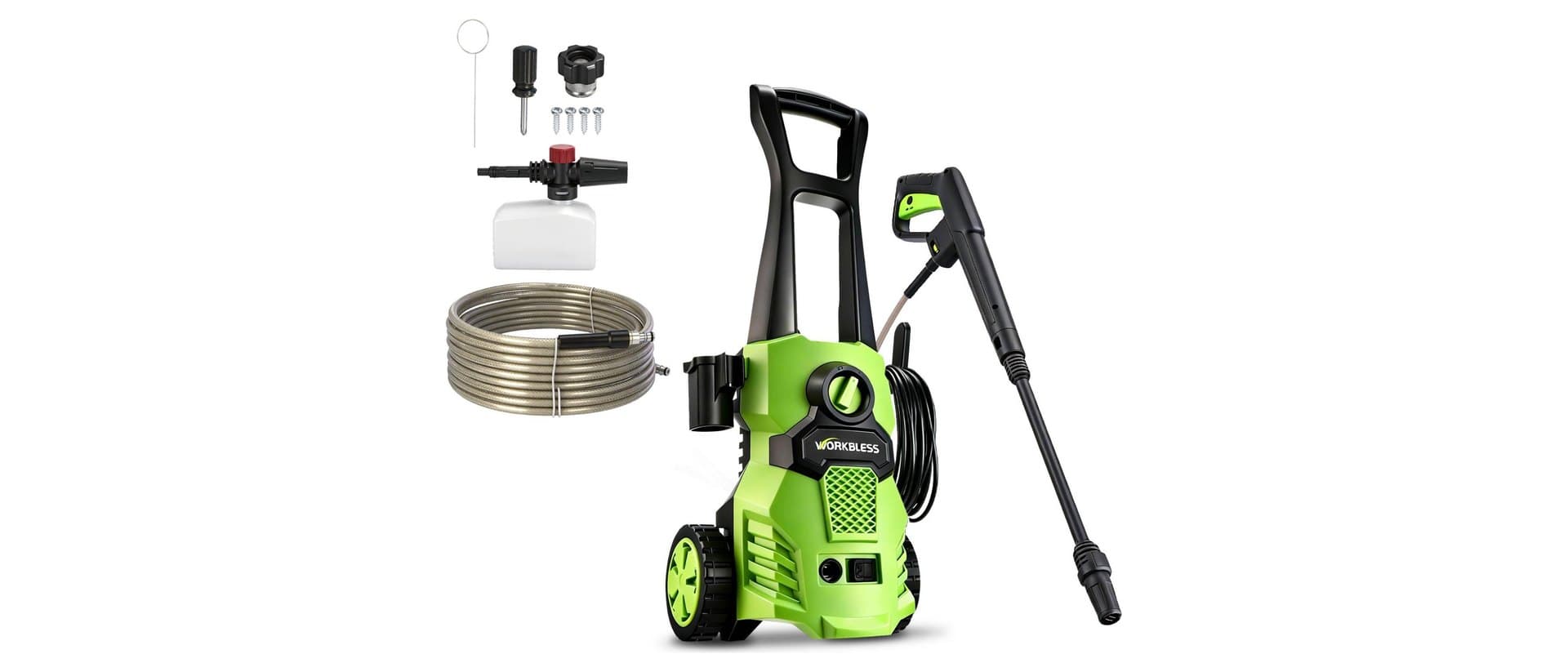 A green and black Workbless upright electric pressure washer on two wheels with a carrying handle and the WORKBLESS name on the body, photographed against a white background beside the spray wand, coiled high-pressure hose, foam cannon bottle, and fitting hardware packed with it.