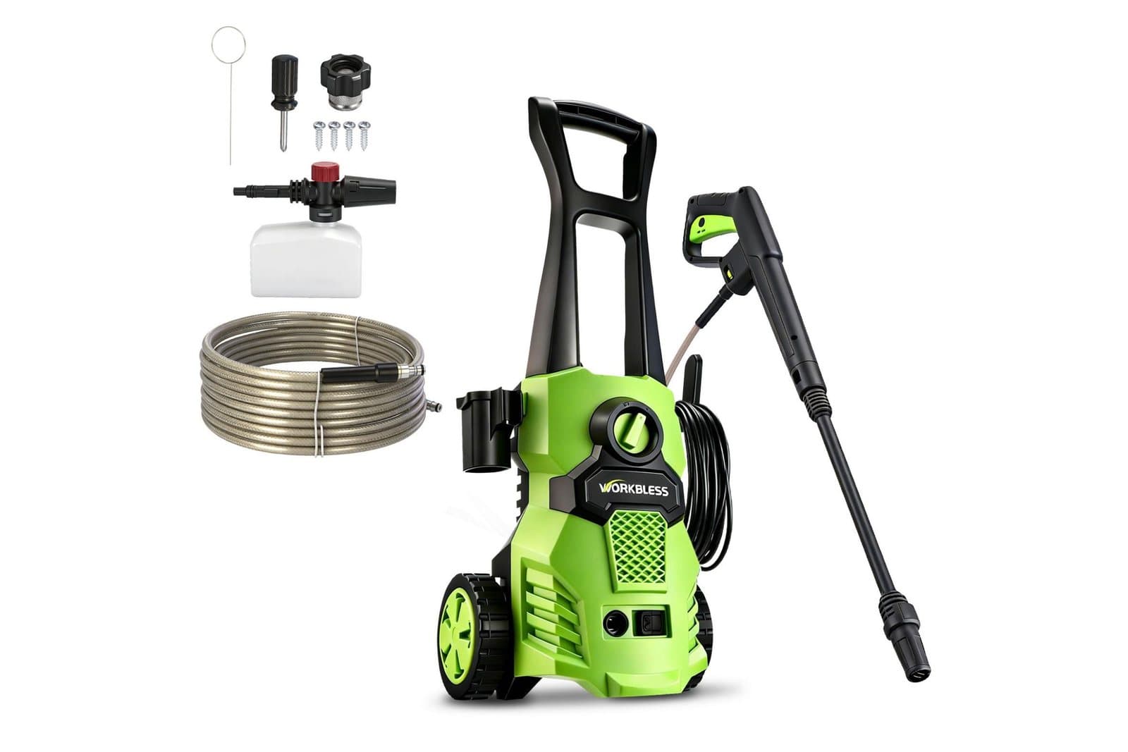 A green and black Workbless upright electric pressure washer on two wheels with a carrying handle and the WORKBLESS name on the body, photographed against a white background beside the spray wand, coiled high-pressure hose, foam cannon bottle, and fitting hardware packed with it.