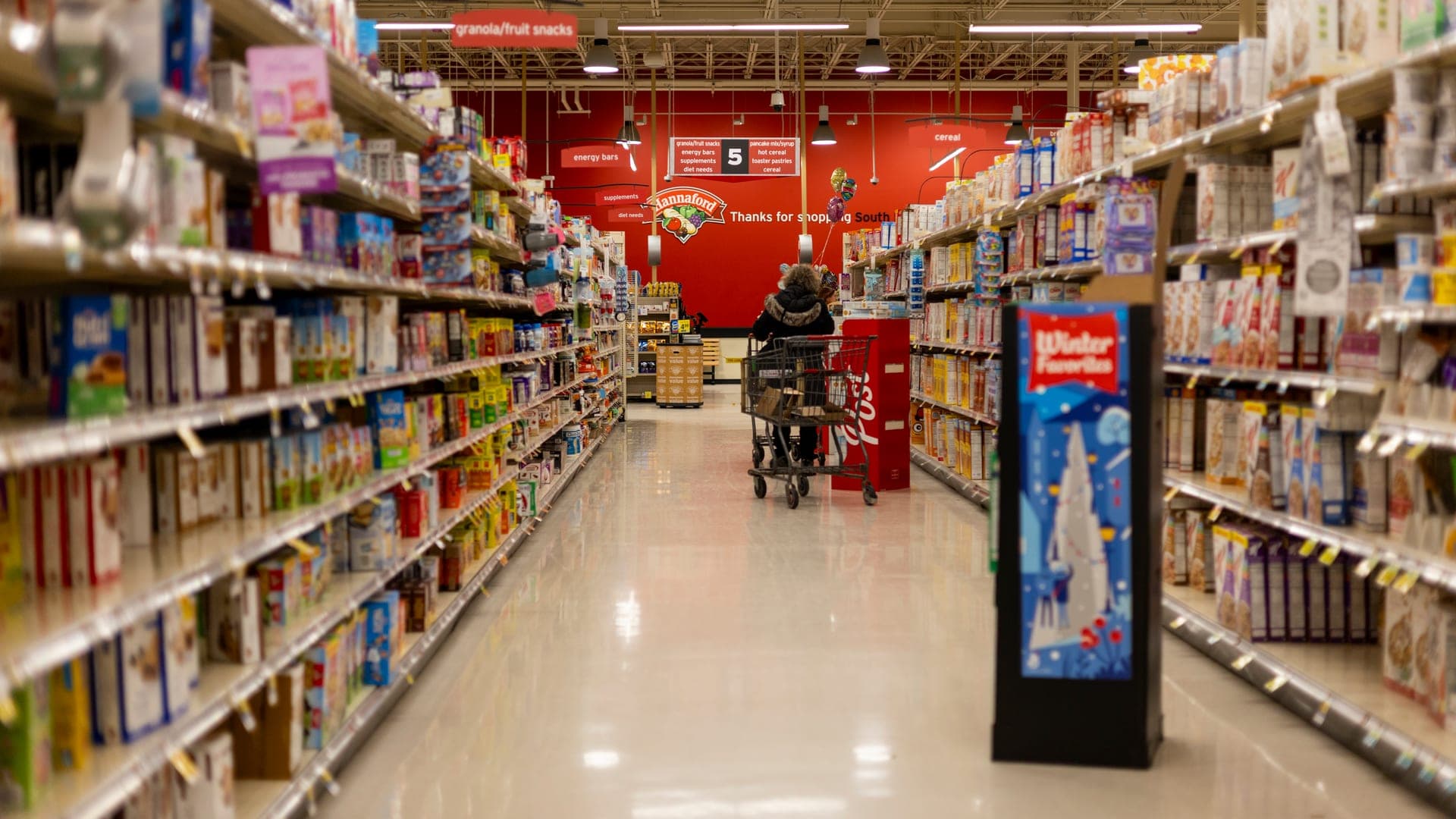 Packaged food on grocery store aisle shelves — representative photo for FDA food recall