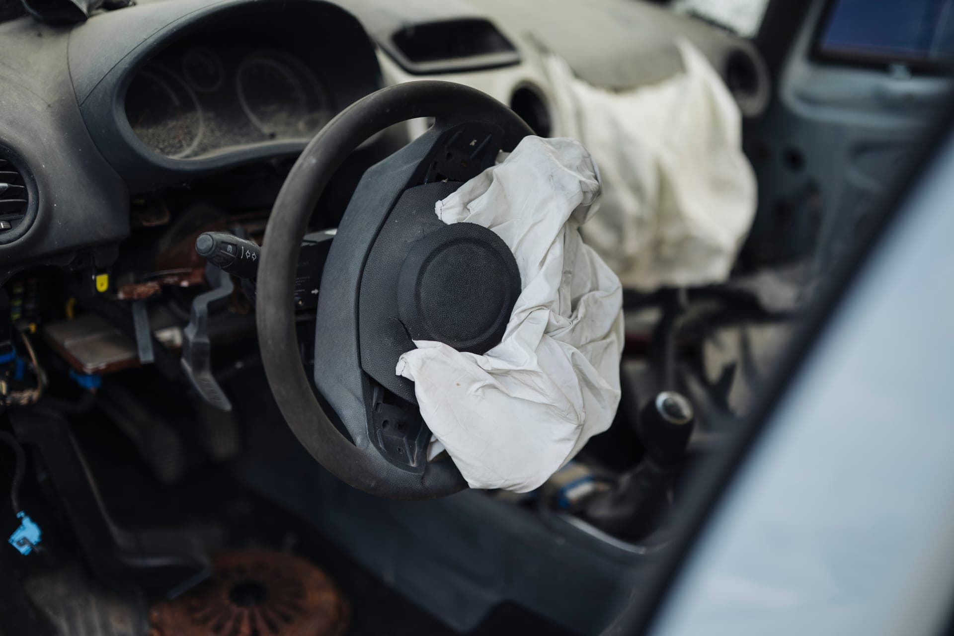Deployed vehicle airbag at the steering wheel — representative photo for NHTSA airbag/restraint recall