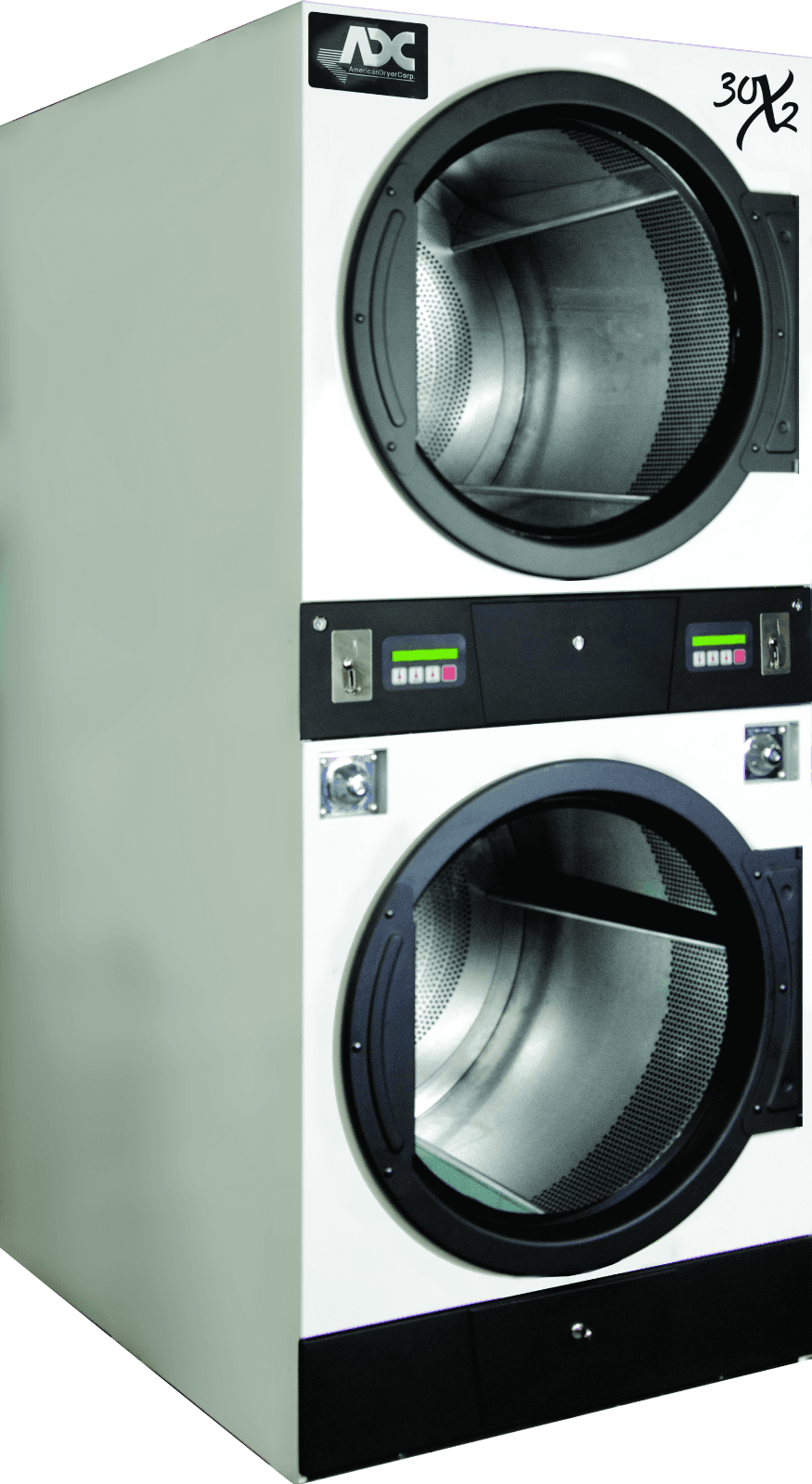 Recalled ADC brand 30 lb. capacity stacked commercial clothes dryers