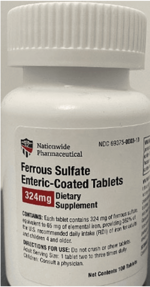 Recalled Ferrous Sulfate (Iron) Enteric-Coated Tablets, 324 mg - 100