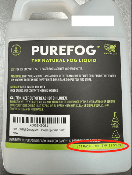 Recalled Purefog High Density Natural Fog Juice Liquids